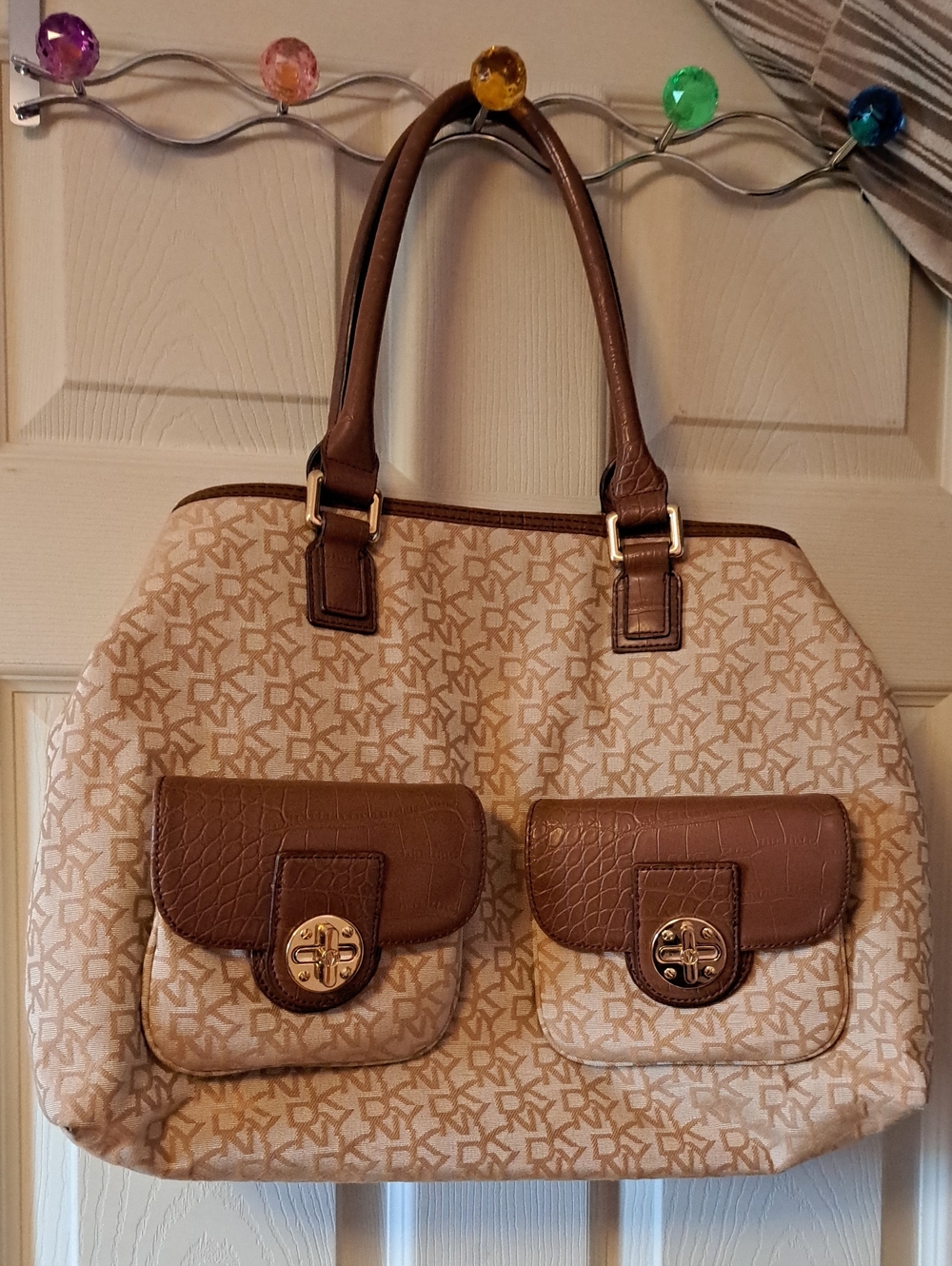 DKNY Beige Patterned Shoulder Bag with Brown Trim